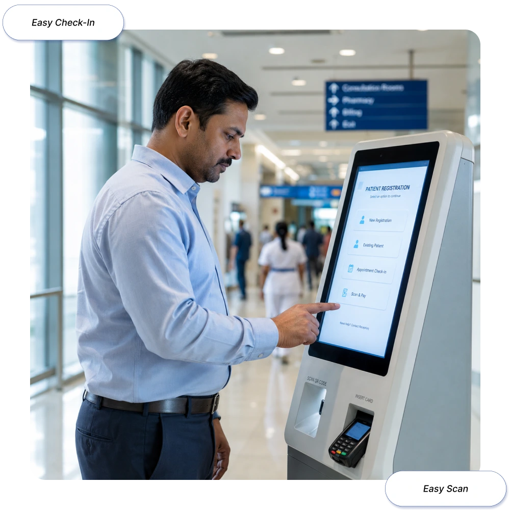Self-service kiosk system helping patients with registration, appointments, payments, and hospital services.